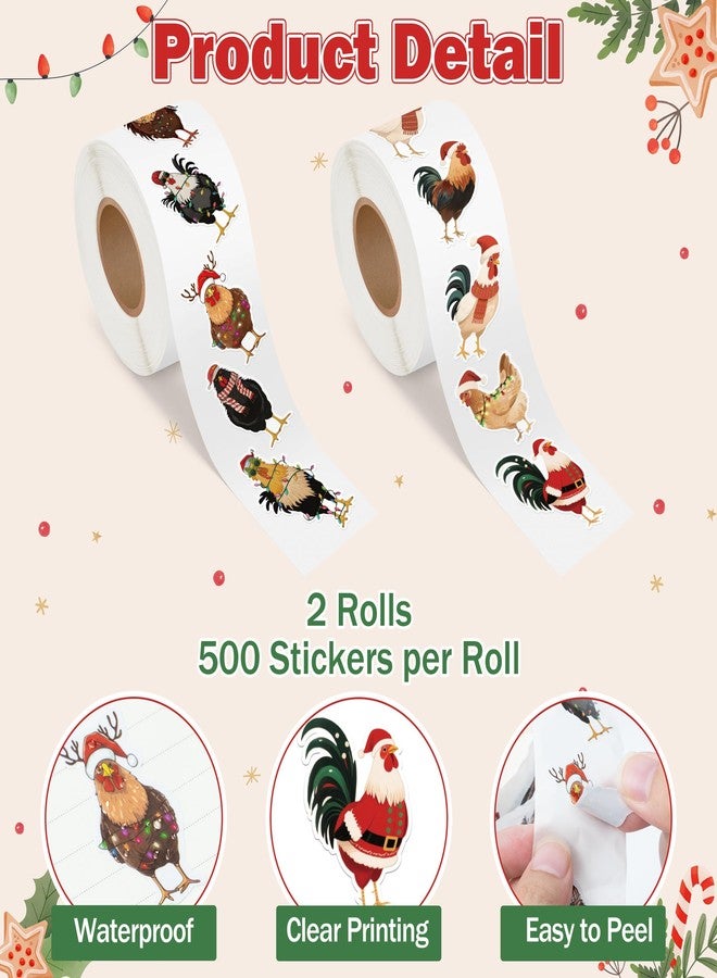 Eartim Christmas Chicken Sticker Roll - 1000Pcs Cartoon Santa Hat Rooster Stickers Animal Waterproof Self-Adhesive Decorative Decal for Kids Birthday Christmas Party Gift Student Reward Teacher Supply - Image 3